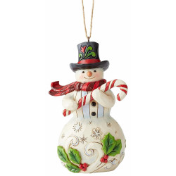 Figurine Jim Shore Suspension bonhomme de neige tenant un sucre d'orge - Snowman With Candy Cane Ornament