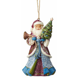 Figurine Jim Shore Suspension Noël Père-Noël victorien portant un arbre et un cor d'harmonie
