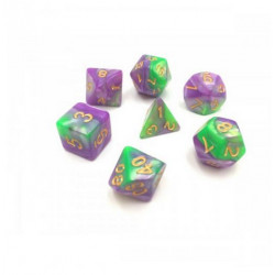 Lot de 7 dés – Fusion Vert et violet en boite
